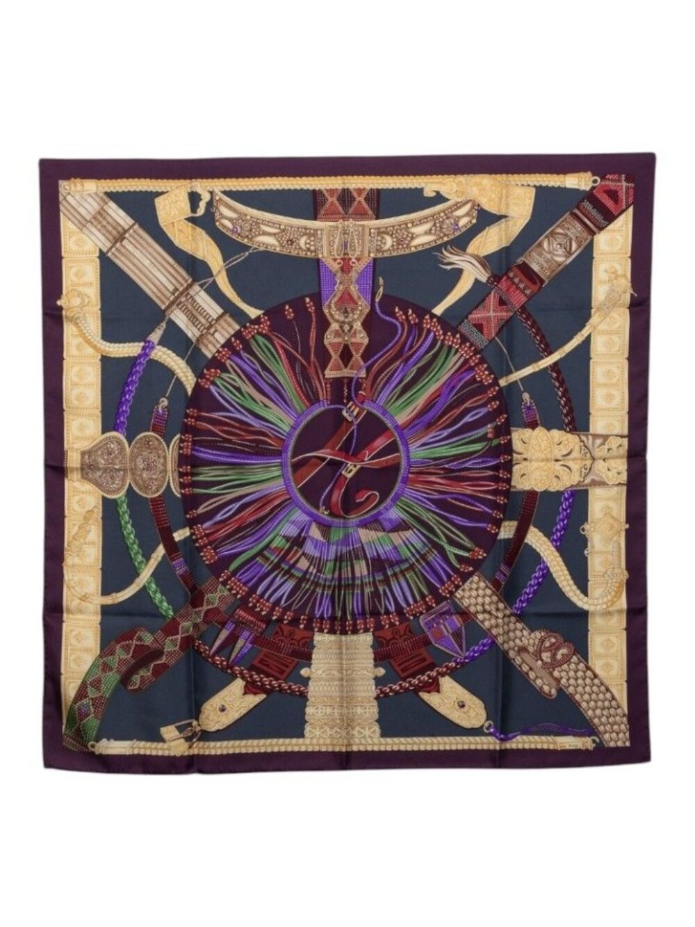 Hermes Carre 90 Ceintures Et Liens Belts and Laces Scarf Purple Multicolor Silk